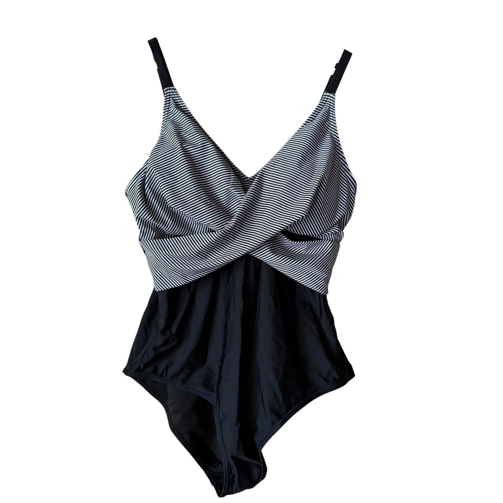 B2PRITY Womens One Piece Swimsuit XL Black White Striped Wrap Front Monokini NWT